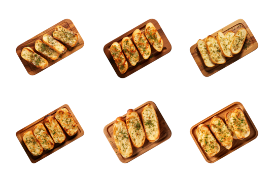 collection of top-view toasted garlic bread on wooden board isolated on a transparent background - Powered by Adobe