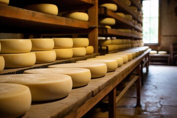 collection of wheels of cheese at a local dairy farm