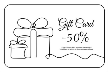 Gift card. Gift Box , continuous one line drawing style, vector design. Gift card template for voucher coupon, shopping card, loyalty card. Vector design image
