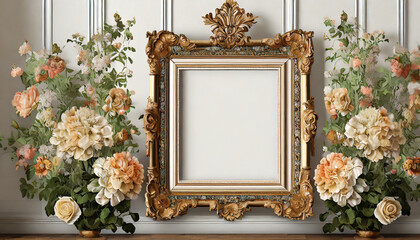 ai generated ai generative vintage retro antique floral flowers pland frame in baroque style mock up background graphic art
