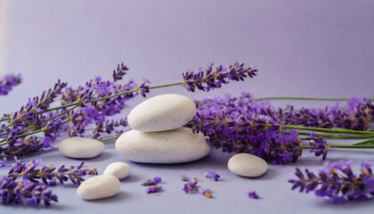 lavender serenity purple flowers and white pebbles on a modern clean lavender background
