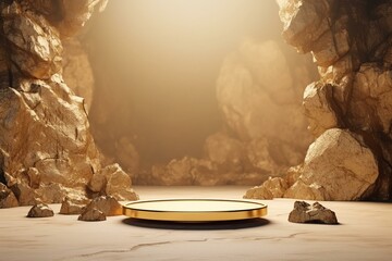 Abstract background with rock ruins and levitating gold nuggets. Minimal showcase with empty podium for product presentation. Generative AI