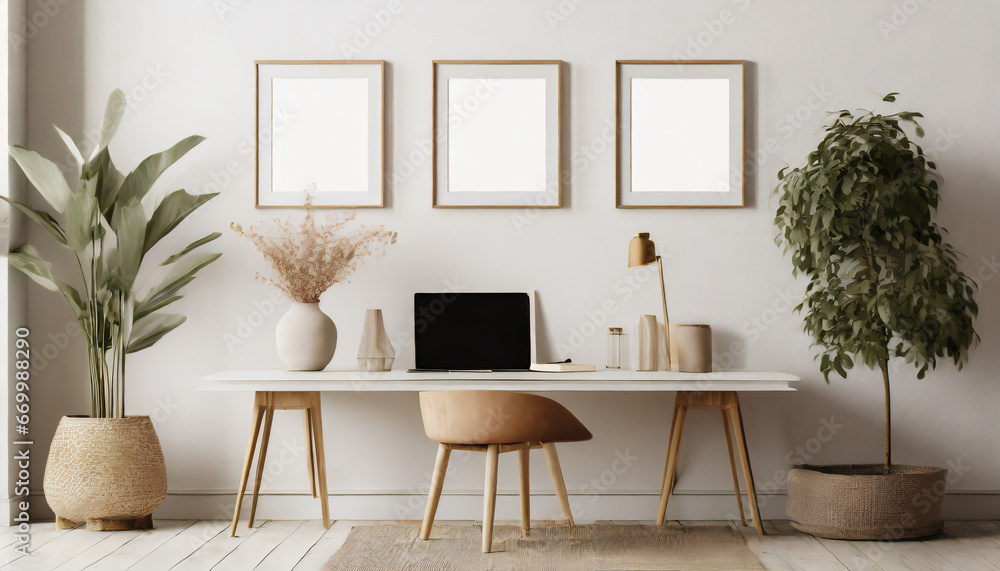 Wall mural blank 3 frame picture mockup on a white wall in a contemporary boho inspired elegant office