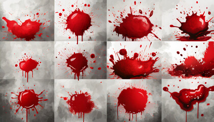 12 red blood splatter stain set vector illustrations