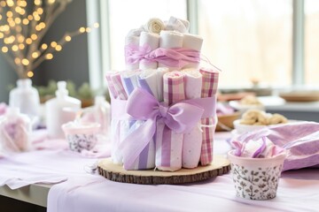 Fototapeta na wymiar a diaper cake centerpiece on a decorated table