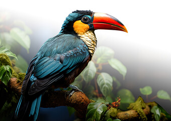 A detailed photograph of a toucan perched on a tree branch with leaves, set on a transparent background