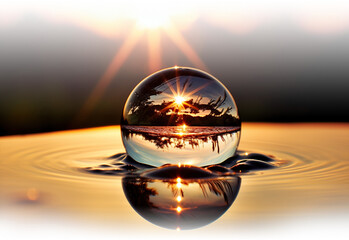 A detailed macro photograph of a water droplet reflecting the dawn's sunray and the surrounding landscape.