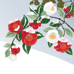 Vector Illustration of Snowfall on Fully Bloomed Camellia Branches 