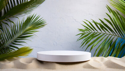 white podium stage on sandy beach for product presentation with palm leaves and white wall background high quality photo