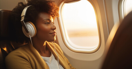 Lifestyle portrait of attractive smiling black woman passenger seated in window seat and listening to headphones on airplane flight
