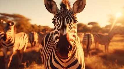 Zebras herd on African savanna in sunlight. Wild nature of Africa. Zebra stand facing camera - obrazy, fototapety, plakaty
