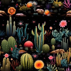 Obraz na płótnie Canvas Ccontrast as desert plants stand out against a pure black setting.