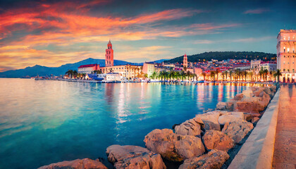 colorful evening panorama of split city with diocletian palace splendid summer seascape of adriatic sea croatia europe beautiful world of mediterranean countries traveling concept background - obrazy, fototapety, plakaty