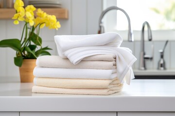 Fototapeta na wymiar stack of fresh, dry towels beside kitchen sink