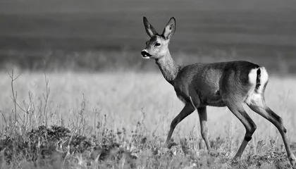 Raamstickers roe deer female walking in steppe closeup in black white © Nichole