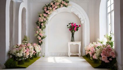 Fototapeta na wymiar white room with arch and flowers in the wall