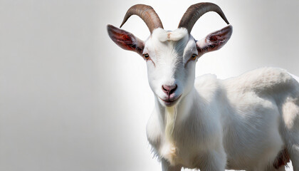 portrait of white goat standing up isolated on a white background with text space can use for advertising ads branding