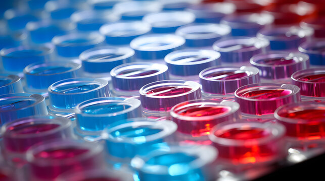 96 well plate with samples for biological analysis. Microplate for biomedical research and biologic tests