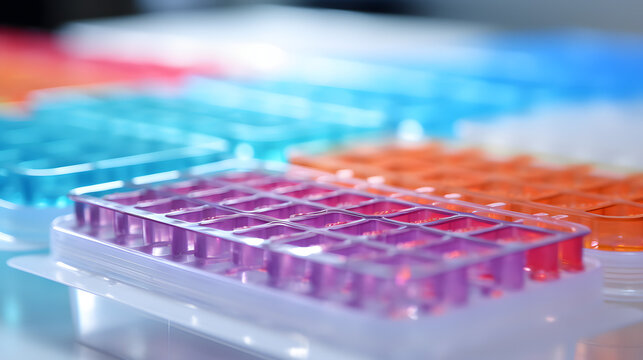 96 well plate with samples for biological analysis. Microplate for biomedical research and biologic tests
