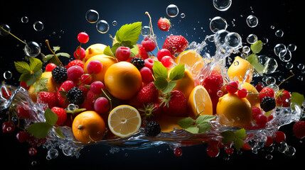 Obraz na płótnie Canvas Fresh fruits falling into water with splash on white background. Healthy food concept. Generative AI technology.