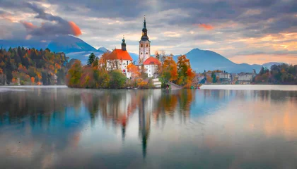 Foto op Canvas attractive morning view of pilgrimage church of assumption of maria impressive autumn scene of bled lake julian alps slovenia europe traveling concept background © Nichole