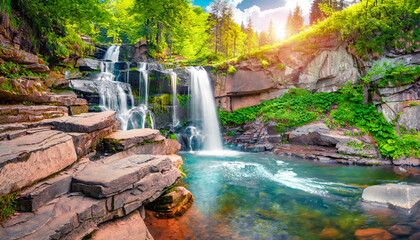 rocky summer view of zhenets kyy huk waterfall fantastic morning scene of carpathian mountains ukraine europe beauty of nature concept background
