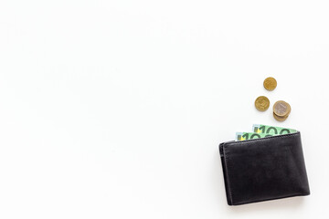 Black male wallet with Euro banknotes. Counting money, economy concept