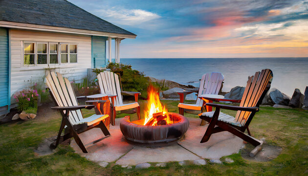 cape cod coastal escape adirondack chairs around fire pit with ocean view in cottage backyard