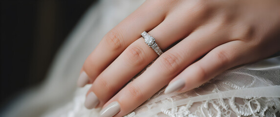 Close-up of a dazzling diamond ring on a finger, symbolizing love and commitment. Encapsulating moments of romance, engagement, and elegance. Ideal for bridal and romantic themes. - obrazy, fototapety, plakaty