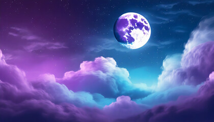 Naklejka na ściany i meble purple and blue gradient night mystical moonlight moon with fluffy magical clouds phone hd background wallpaper ai generated
