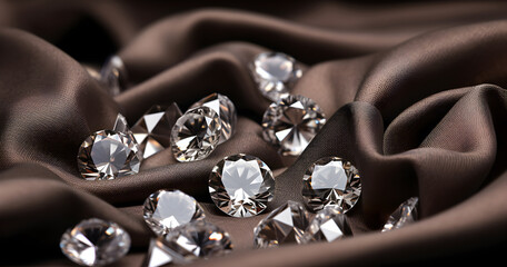 Multiple radiant diamonds elegantly scattered on a brown textile backdrop, each shimmering with brilliance. A luxurious collection. Perfect for sophisticated displays.