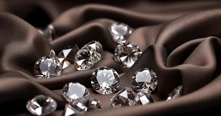 Foto auf Leinwand Multiple radiant diamonds elegantly scattered on a brown textile backdrop, each shimmering with brilliance. A luxurious collection. Perfect for sophisticated displays. © Jan