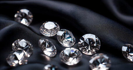 Multiple radiant diamonds elegantly scattered on a black textile backdrop, each shimmering with brilliance. A luxurious collection. Perfect for sophisticated displays.