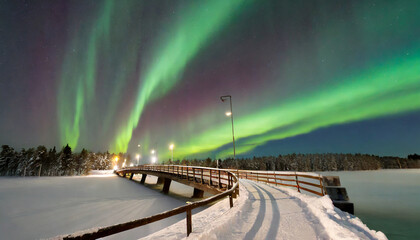 aurora borealis over a bridge in winter finnish lapland