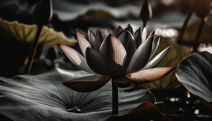 black lotus flower in dark background nature leaf waterlily light plant generate ai