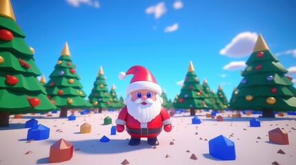 Old Santa Claus with red had and long beard standing in pixelated 8bit gaming graphics Christmas tree forest land filled with gifts and presents all around. 