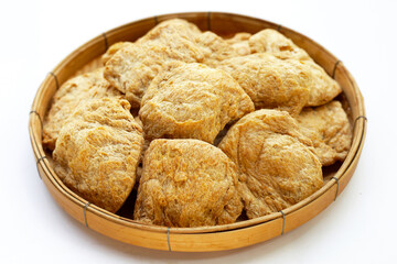 Textured soy protein on white background.