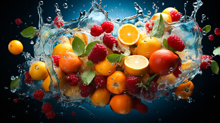 Obraz na płótnie Canvas Fresh fruits falling into water with splash on white background. Healthy food concept. Generative AI technology.