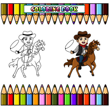 Cute cowboy riding a horse for coloring 