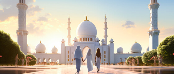Hijabi Girls Goes To Mosque, islamic concept - obrazy, fototapety, plakaty