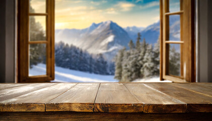 wooden table and window with blurred mountain winter trees landscape background high quality photo
