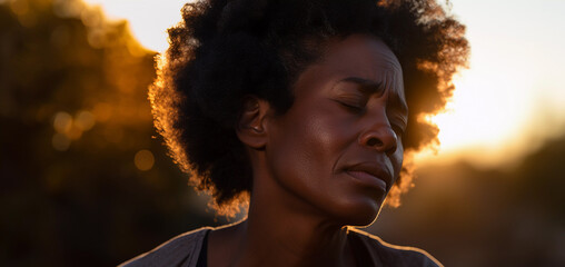 Close up lifestyle portrait of exhausted and stressed middle aged black woman standing outside - obrazy, fototapety, plakaty
