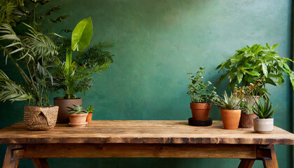 brown wooden table with potted plants and green wall background high quality photo