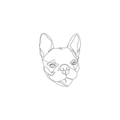 Cute pug dog face, continuous line drawing, pet small mini tattoo, pug-dog head print for clothes, silhouette one single line on white background, isolated vector illustration.
