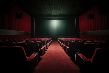 inside a dark screening room with the empty seats