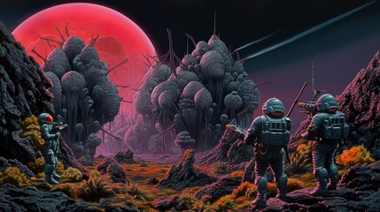 Sci-fi astronauts exploring an alien wastelands - obrazy, fototapety, plakaty