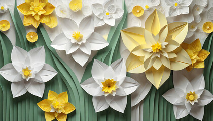 Obraz na płótnie Canvas white yellow daffodils origami background from layers of paper 3d paper cut style illustration paper art and digital crafts style greeting card