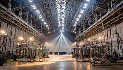 a live stage production being built in an old warehouse stage rigging equipment lighting trusses and pa systems being carried in - obrazy, fototapety, plakaty