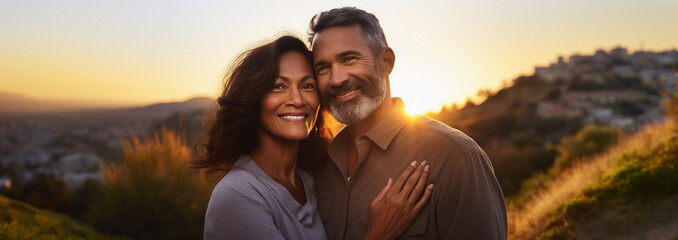 Lifestyle portrait of attractive mature couple in love smiling and embracing outside at sunset - obrazy, fototapety, plakaty