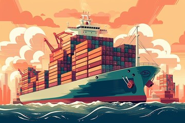 Illustration of cargo ship transporting containers. Generative AI